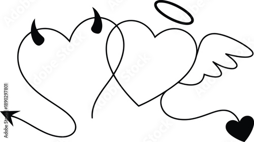 Stunning heart symbols intertwined with angel wing and devil horns