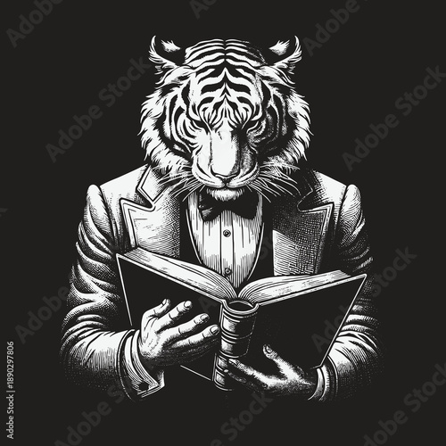 Tiger Gentleman Reading a Book in Monochrome Illustration.