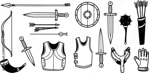Black and white medieval weapon and armor vector collection with bow arrows swords shield slingshot and protective gloves