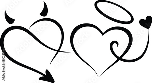 Stylish dual heart symbols with devil and angel wings on white