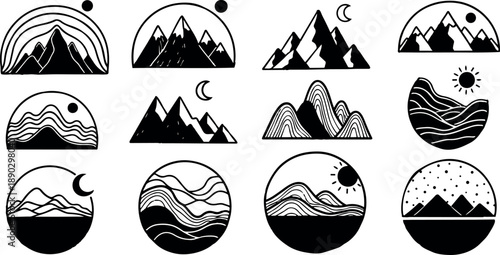 Minimalist black and white mountain vector icons with sun and moon symbols in various circular and semi circular abstract line art compositions