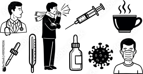 Medical vector icons including doctor profile, coughing patient with scarf, syringe, thermometer, virus, medicine dropper, bottle and masked man silhouette