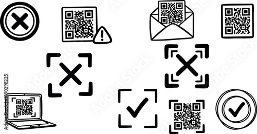 Hand drawn black and white qr code icons with check marks, crosses, laptop, and envelope symbols in simple vector style