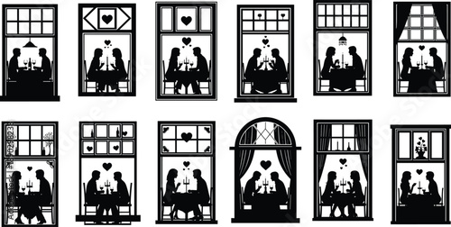 Romantic Couple Silhouette Window Candlelight Dinner Love Valentine Date Night Restaurant Scene People Man Woman Vector Illustration Set