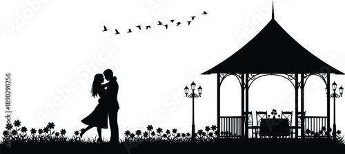 Romantic Couple Silhouette Gazebo Garden Love Evening Nature Birds Landscape Valentine Dating Relationship Black Vector Illustration Scene