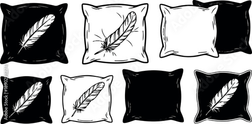 Black and white hand drawn pillows with feather designs isolated vector icons set in minimalist line art style