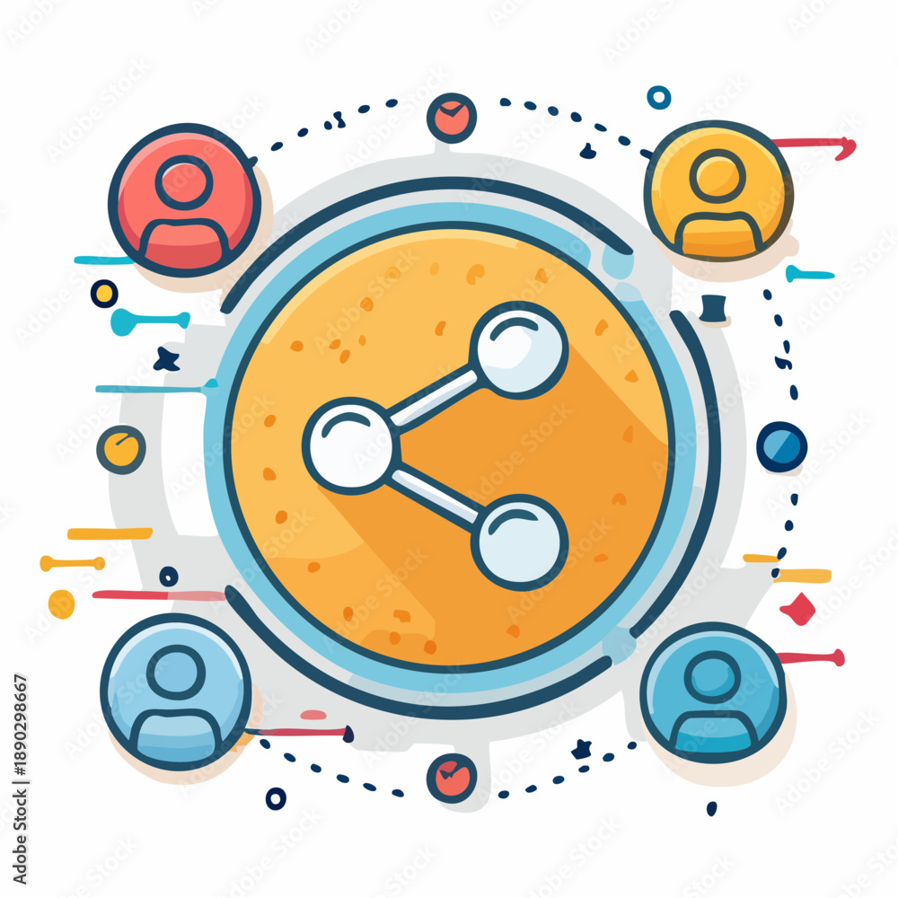 Obraz premium Digital social networking concept illustration. Features a central share icon surrounded by connected user profiles, symbolizing online community, content distribution, and global collaboration
