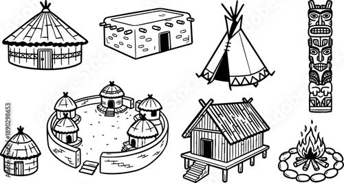 Black and white line art native dwellings including tipi hut adobe house totem pole and campfire smoke rising illustration