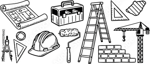 Hand drawn construction tools set including blueprint, toolbox, ladder, helmet, paint roller, crane, and brick wall illustrations