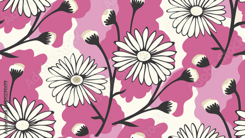Vibrant pink camouflage pattern with white daisies and black stems and floral details