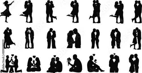 Valentine Love Couple Silhouette Romance Romantic Kissing Hugging Proposal Dating Relationship Passion Emotion Affection Together Forever Wedding Engagement Illustration Vector Collection