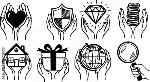 Black and white hand drawn vector icons of hands holding heart shield diamond coins house gift globe magnifying glass close up set