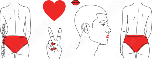 Woman Female Body Anatomy Silhouette Minimal Lineart Illustration Fashion Beauty Lips Red Underwear Hand Gesture Peace Symbol Heart Vector Modern Design