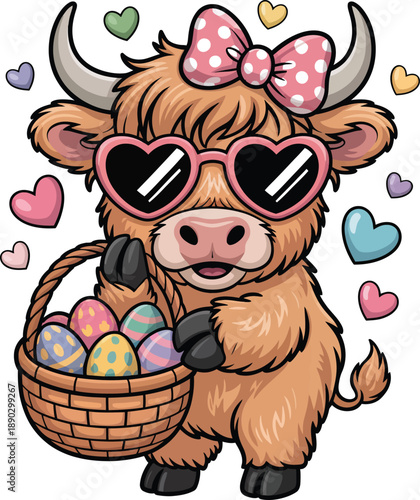 Cartoon highland cow wearing sunglasses and bow holding easter eggs in basket