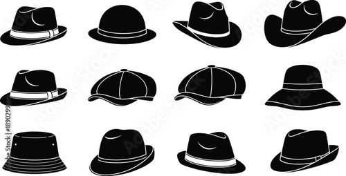 Hat silhouette icon set featuring fedora cowboy bowler bucket and cap styles isolated white background vector illustration