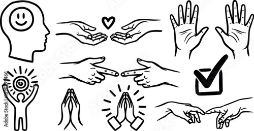 Black line art collection of human hands gestures and symbolic icons including praying, pointing, open palms, and mental health profile
