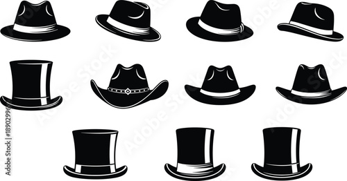 Vintage hat silhouette icon set featuring fedora cowboy and top hats isolated white background vector illustration design
