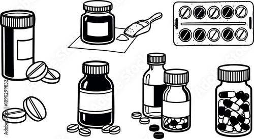 Black and white line art of various medicine bottles and pills scattered around isolated on white background in vector style