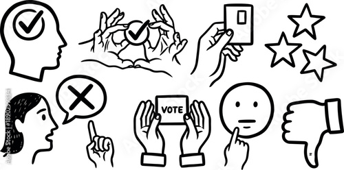 Simple black and white line art set of hands holding voting cards and symbols of approval and disapproval with human face profile and emoticon
