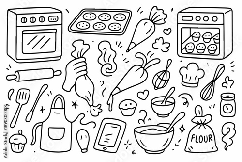Hand-drawn doodle vector set of oven, baking tray and piping bag elements, created in a fun, sketchy ink-pen style, isolated on white background
