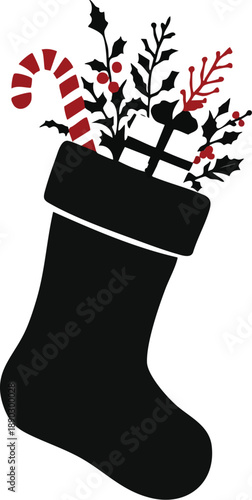Christmas Stocking Silhouette Vector – Black and Red Festive Illustration with Candy Cane, Gift Box, Holly Leaves, and Berries for Holiday Decor and Seasonal Designs