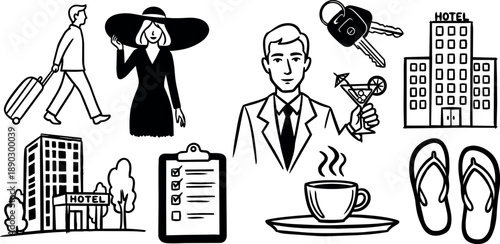 Black and white vector art of man walking with suitcase woman in large hat hotel buildings drink cup keys checklist and flip flops set
