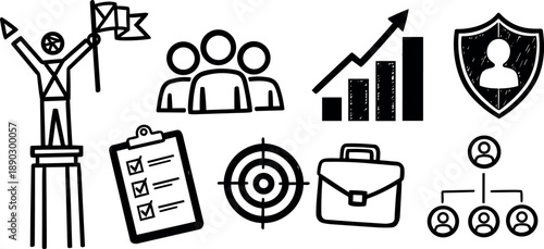 Hand drawn business icons including leader on pedestal with flag, group of people, ascending bar graph, shield with user silhouette, clipboard checklist, target, briefcase, and organizational chart