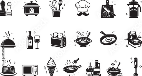 Kitchen Cooking Icons Set in Black and White, Food Preparation Utensils, Appliances and Culinary Tools