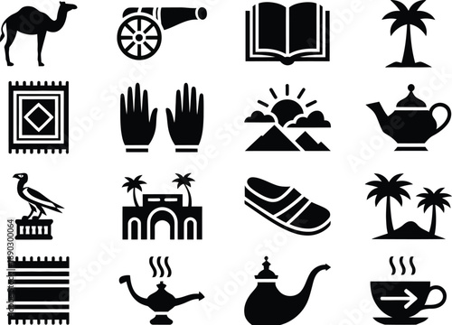 Collection of various black icons on a pure with travel and middle eastern theme