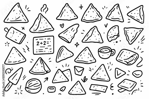 Hand-drawn doodle vector set of samosa icons, created in a playful, sketchy ink-pen style, isolated on white background
