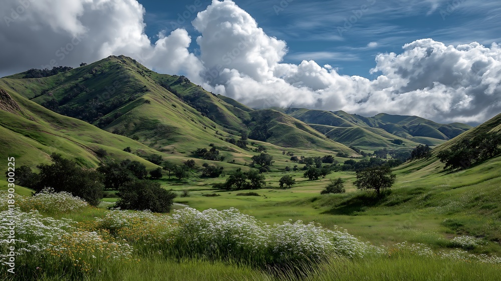Fototapeta premium Fresh Spring Mountain Foothills with Green Grass Scattered Flowers and Soft Clouds 