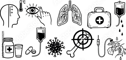 Hand drawn black and white medical icons including temperature check eye test lungs virus syringe and hand washing illustrations