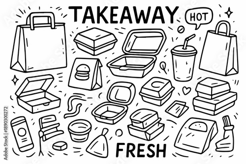 Hand-drawn doodle vector set of takeaway packaging, illustrated in a fun, sketchy ink-pen style, isolated on white background
