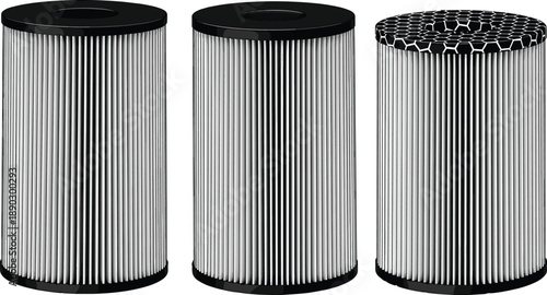 Industrial Air Filter Cartridge Set Illustration Showing Cylindrical Pleated Filtration Elements for HVAC Water and Mechanical Purification Systems in Detailed Black and White Vector Style