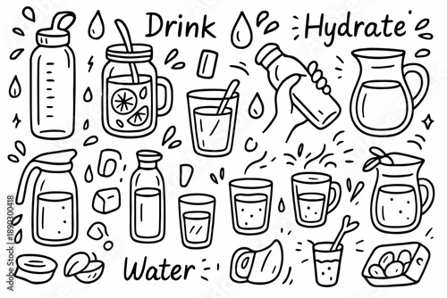 Hand-drawn doodle vector set of water intake illustrations, created in a fun, sketchy ink-pen style, isolated on white background
