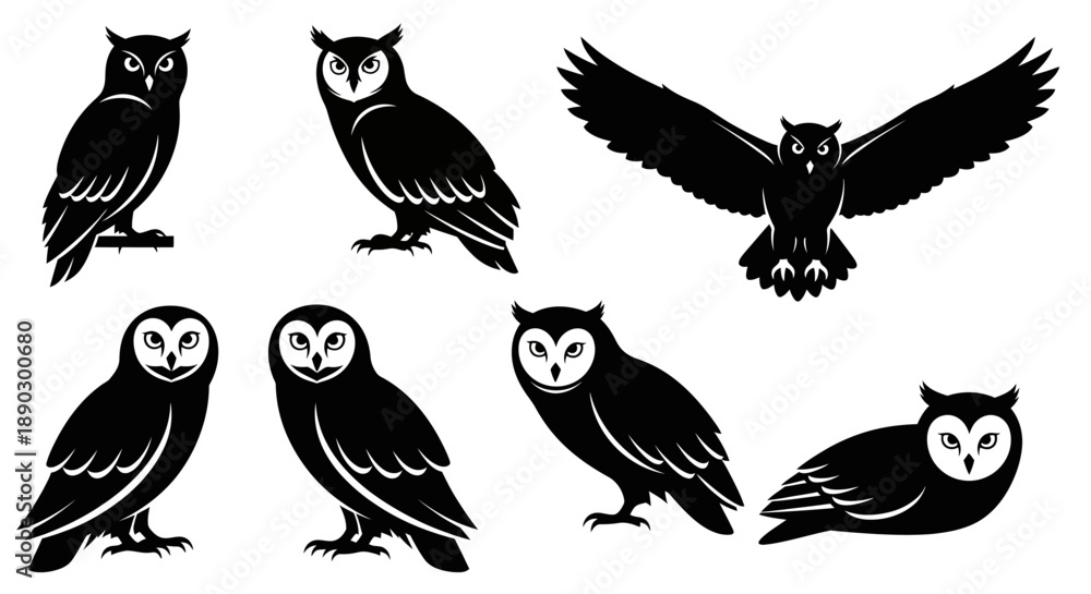 Obraz premium Collection of black owl silhouettes in various poses.