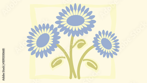 Three blue flowers with yellow centers and green stems on a pale background