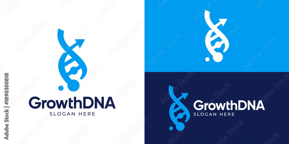 Naklejka premium Creative simple growth DNA logo template. DNA with arrow up logo design vector illustration.