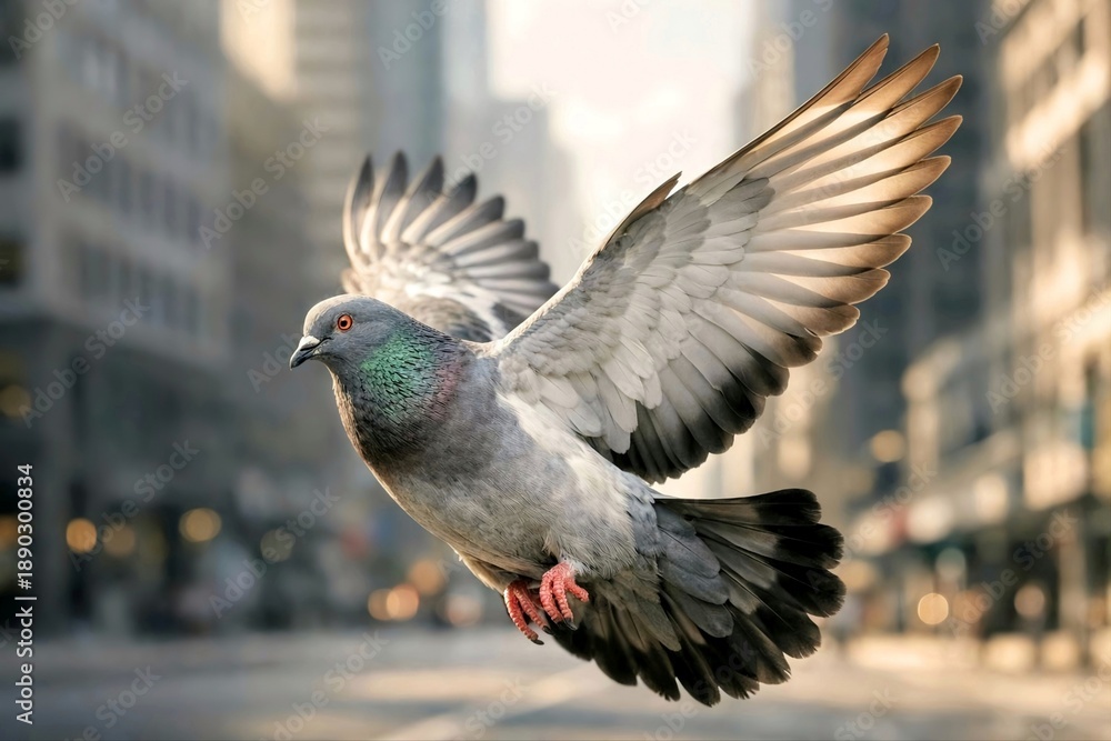 Obraz premium Rock Dove Pigeon Flying with Dramatic Backlit Wings in City