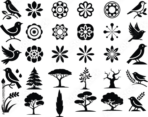 Collection of black silhouettes of birds, flowers, trees, and leaves