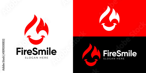 Creative simple fire smile logo template. Happy face fire, flames smile logo design vector illustration.