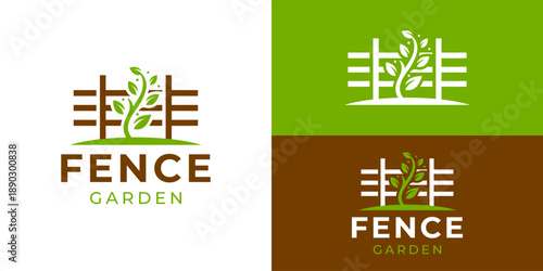 Creative simple fence garden logo template. Fence with tree leaf logo design vector illustration.