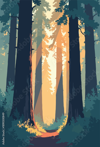Vertical vintage travel poster Redwood Forest Giant tree trunks silhouetted against warm light filtering through Flat