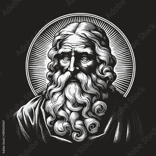 Detailed Engraving of a Wise Old Man with Halo and Flowing Beard.