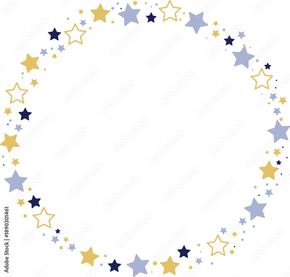 Obraz premium Round frame with blue, navy and golden stars on transparent background. 