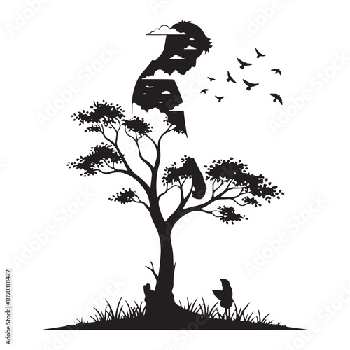 Silhouette of tree with birds flying away freedom concept