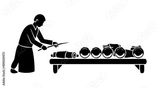 Silhouette of a Japanese chef carefully preparing sushi rolls, traditional culinary art and restaurant kitchen concept