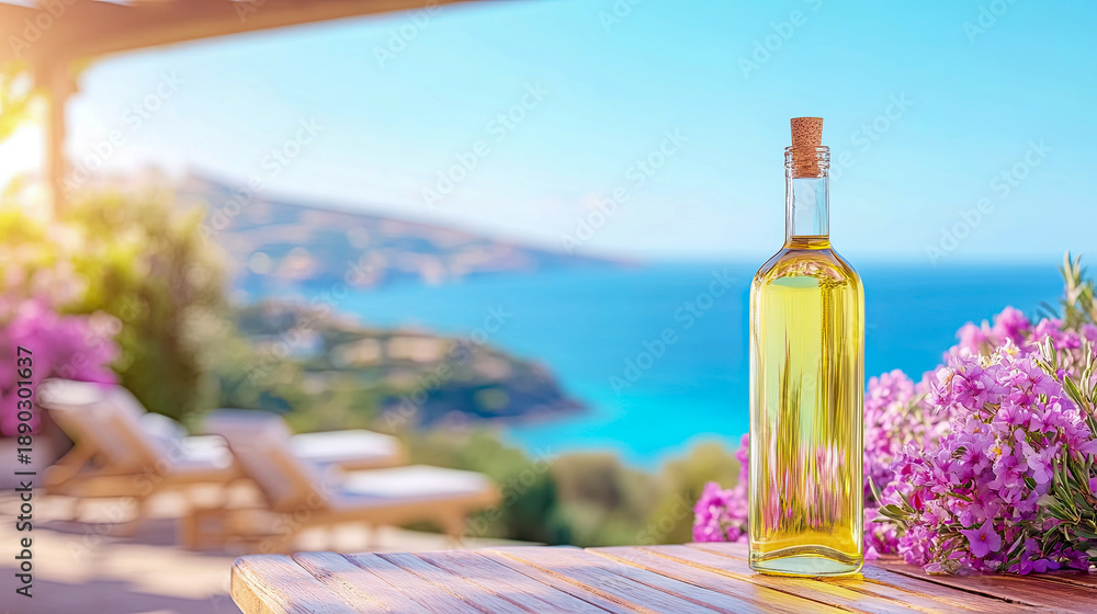 Fototapeta premium Clear glass bottle filled with golden liquid sits on wooden table, adorned with vibrant purple flowers, overlooking serene coastal landscape with lounge chairs and azure sea.