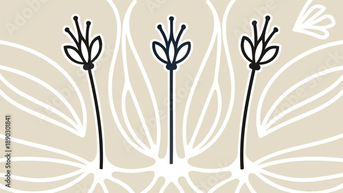 Three black floral buds on stems with white abstract background design