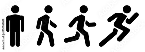 Man standing, walking, and running icon set. People, walking, person standing, human motion stages, fitness activity symbol design. Run, walk, stand vector illustration